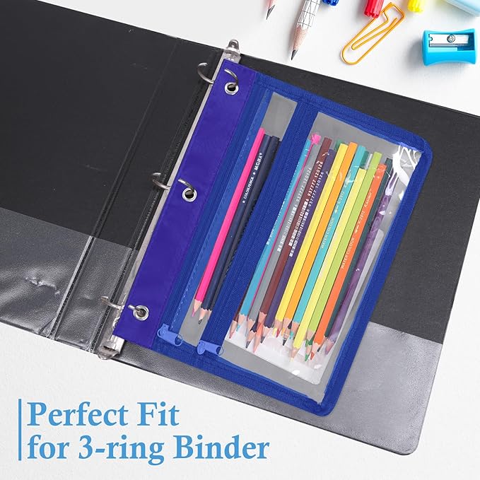 YoeeJob 6 Pack Zipper Pencil Pouches for 3 Ring Binder, 1.5 Inch Expandable with 2 Pockets and Clear Window for School and Office （Blue）