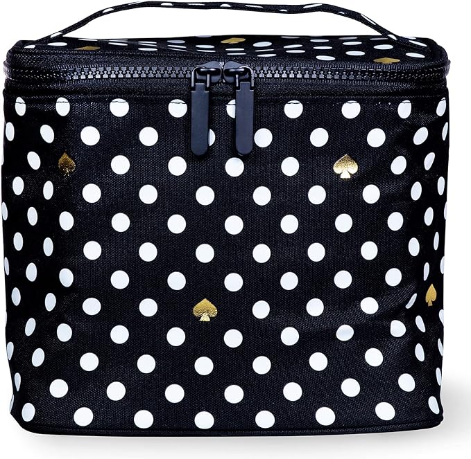 kate spade new york Insulated Soft Cooler Lunch Tote with Double Zipper Close and Carrying Handle, Polka Dots (Black/White)