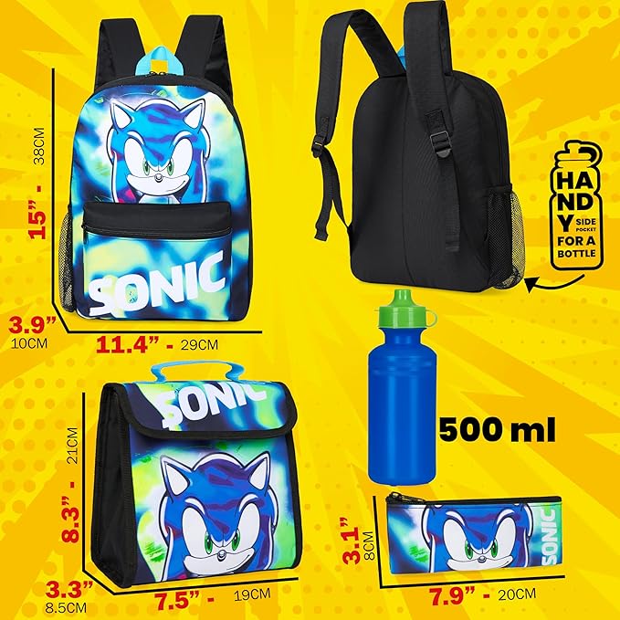 Sonic The Hedgehog Backpack Set 4 Pcs with Insulated Lunch Bag Water Bottle Pencil Case Shadow School Supplies Gift for Kids (Sonic 4 Pcs Set)
