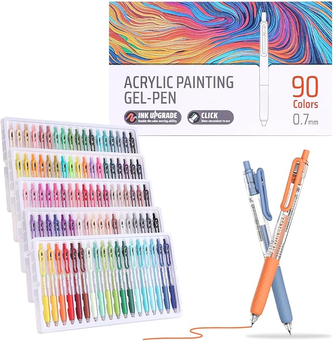 Acrylic Colored Pens Set, 90 Colors Retractable Gel Ink Pens, 0.7mm Fine Point Colorful Pen for Black Paper, Rock, Glass, Fabric and Art Crafts Supplies, Color Pen for Journaling Note Taking