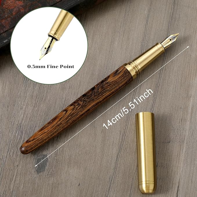 Wooden Fountain Pen, Fine Point, Handcrafted Luxury Pen with 12 Pcs 2.6 mm Ink Cartridges, Vintage Wood Pen for Business, Calligraphy, Gifts