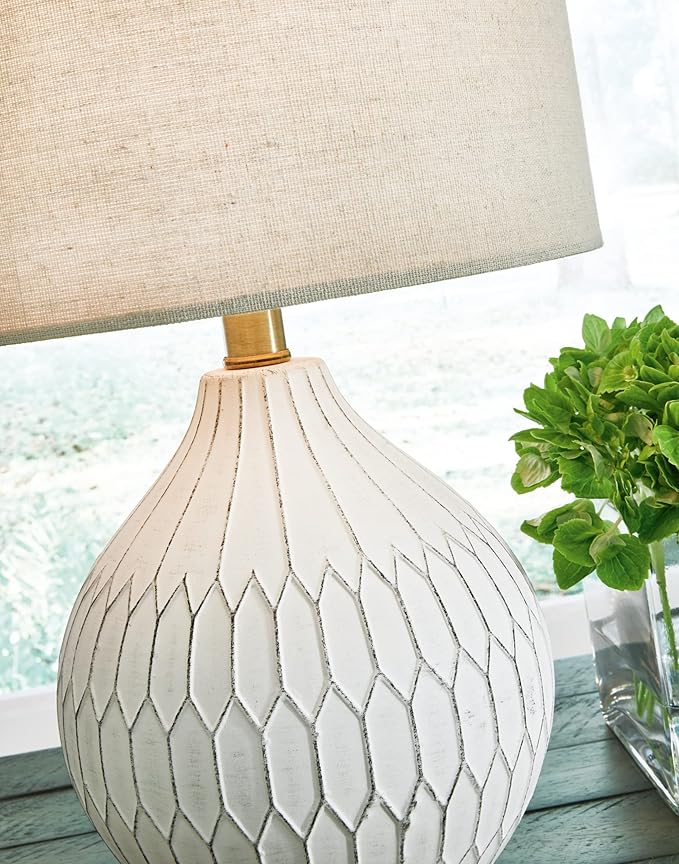Signature Design by Ashley Wardmont Contemporary Modern Table Lamp with Drum Hardback Fabric Shade, On-Off Switch, Ceramic, 17.75" High, Antique White
