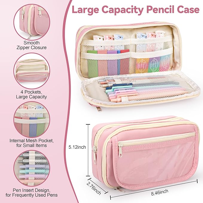 61 PCS Aesthetic School Supplies with Cute Pencil Case, Pastel No Bleed Highlighters, Gel & Erasable Pens, Mechanical Pencils, Refills, Complete Essentials Stationery Kit for Students (Pink)