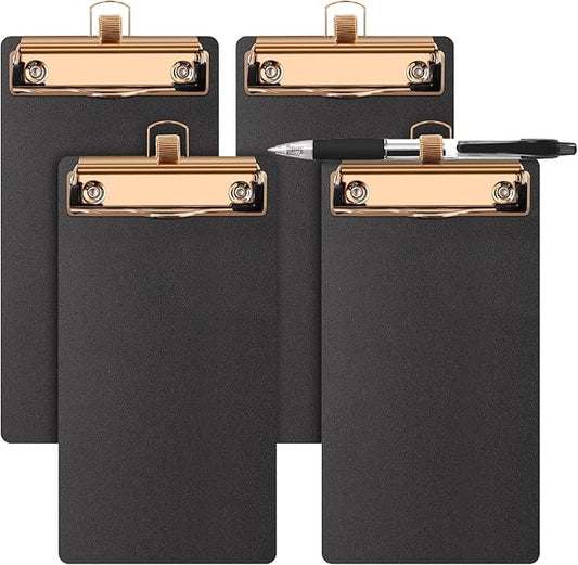 Black Plastic Clipboards 4 Pack Clipboard with Pen Holder 4.17x 8 inch Memo Size Plastic Clipboards Low Profile Clip Boards for Home Office School