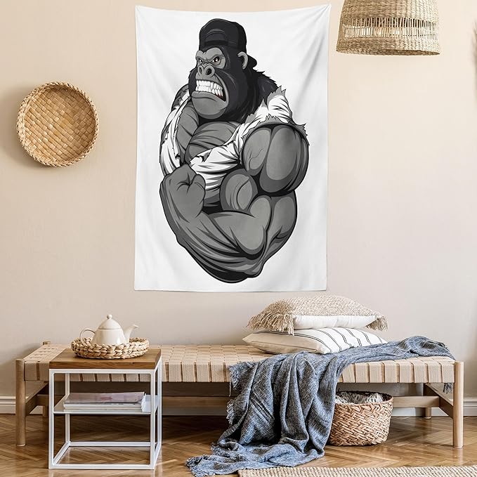 Ambesonne Cartoon Tapestry, Image of Big Gorilla Like as Professional Athlete Bodybuilding Gym Animal, Wall Hanging for Bedroom Living Room Dorm Decor, 60" X 80", Black White Grey