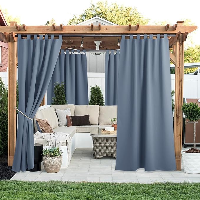 NICETOWN 2 Panels Self Stick Tab Top Outdoor Curtainss for Patio Waterproof, Indoor Outdoor Blinds Room Darkening Window Treatments Rain & Sun Blocking Drapes for Pool, W52 x L95, Stone Blue