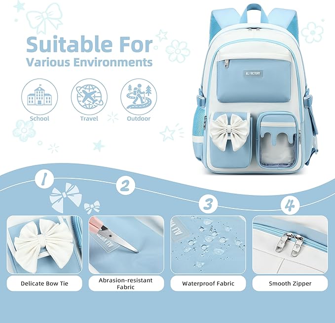 School Backpack for Girls 3PCS Nylon Kids Backpack Set with Lunch Box & Pencil Pouch, Cute Lightweight Teen Girls School Bag Laptop Bag Travel Daypack for Elementary Middle High School Beige Blue