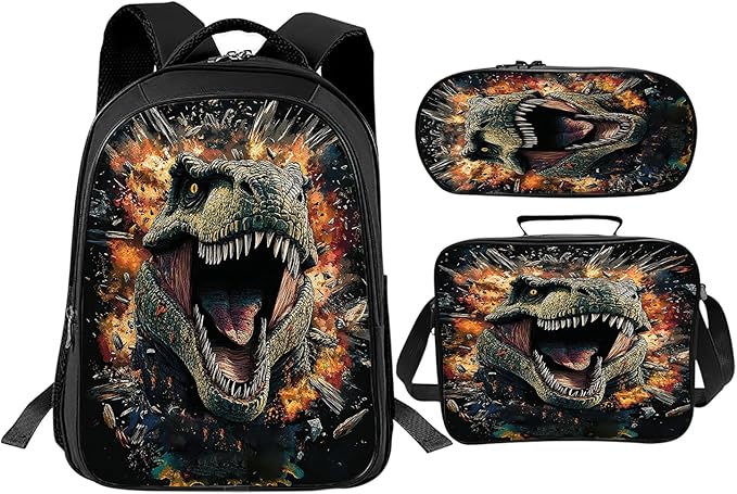 Dinosaur Backpack Set 3 Piece School Bags and Lunch Box with Pencil Case Black Dino Cool Bookbag Set for Toddler Kids Girls Boys Teens Kindergarten Elementary Middle