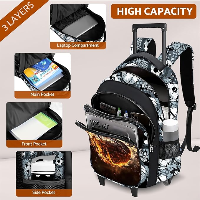 Basketball Rolling Backpack for Boys - 3PCS Boys Rolling Backpack with Lunch Box Set for Kids Children Teens Elementary Middle School,Sport Roller Bookbag with Wheels for Age 6-18