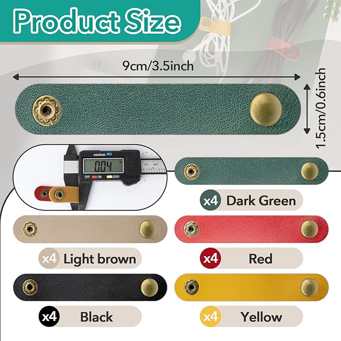 20 Pcs Leather Cord Organizer - Multiple Colors Leather Cable Straps Cord Organizer for Charging Cords, Reusable Cable Clips Leather, Multipurpose Leather Wire Cable Ties(5 Colors)