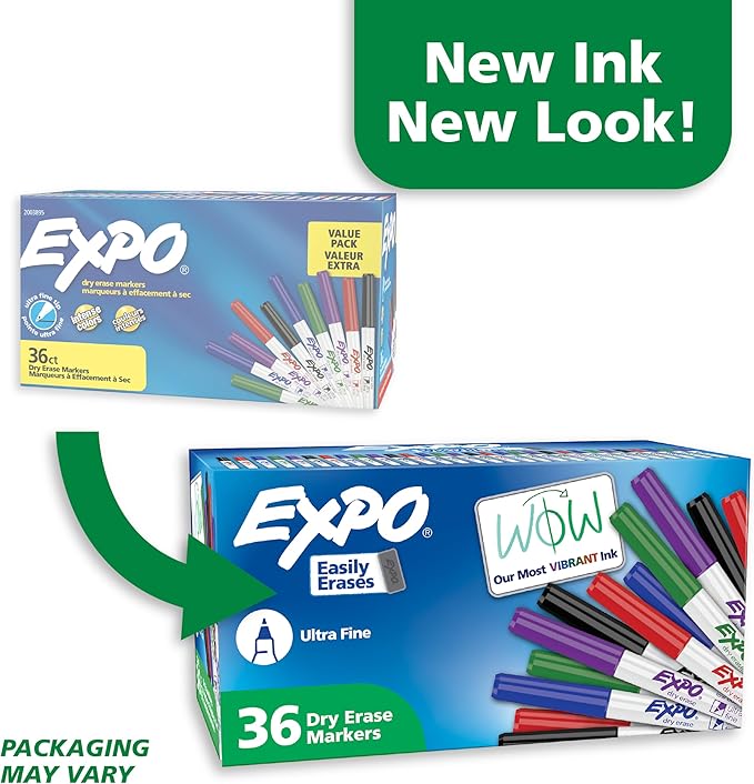 EXPO Dry Erase Markers, Low Odor Ink, Assorted Colors, Ultra Fine Tip, 36 Count - For Whiteboards, Home, Office Essentials, School, Teacher Supplies