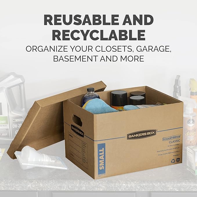 Bankers Box Medium Classic Moving Box 10 Pack, Reinforced Handles, Tape-Free Assembly, Box with Lid, 19-in x 14.5-in x 15.5-in (8817201)