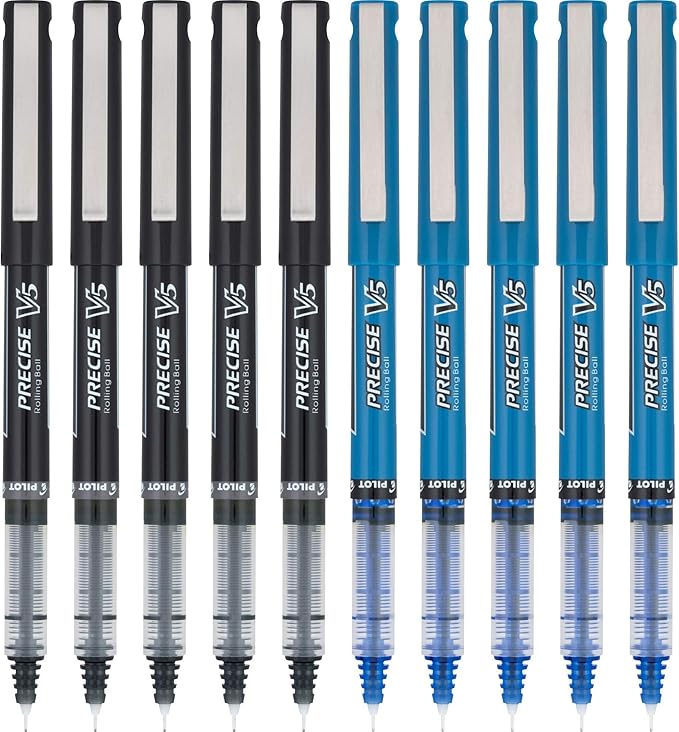PILOT Precise V5 Rolling Ball Pen Extra Fine Point 0.5mm, 5 Black and 5 Blue Liquid Ink Rollerball Pens. pack of 10