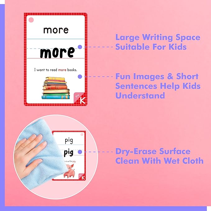300 Sight Words Flashcards, 150PCS Double-Sided Erasable Reusable Cards Dolch & Fry Word Lists Montessori Toy for Kindergarten Preschool Toddlers 3 4 5 Years Old (5 Plastic Rings Attached)