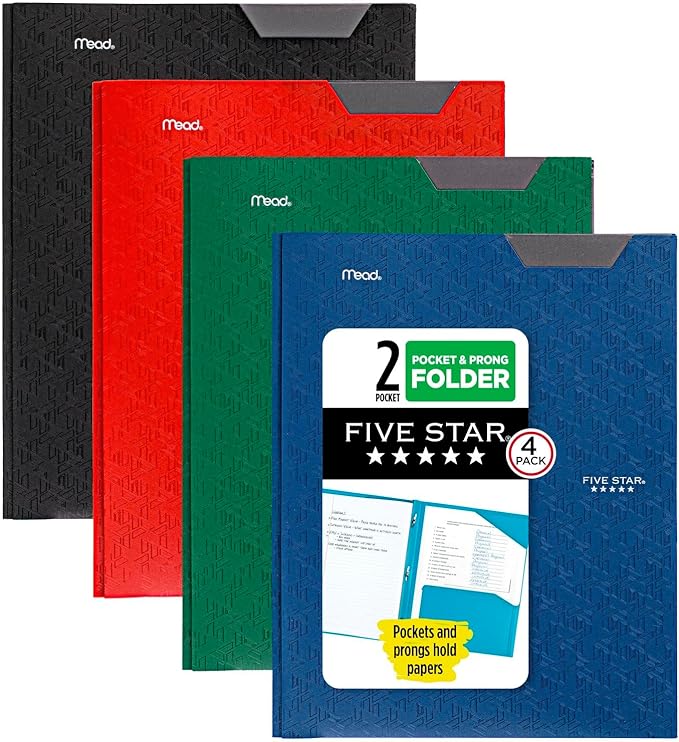 Five Star 2-Pocket Folder, 4 Pack, Plastic Folder with Stay-Put Tabs and Prong Fasteners, Holds 8-1/2" x 11" Paper, Black, Fire Red, Forest Green, Pacific Blue (38048)