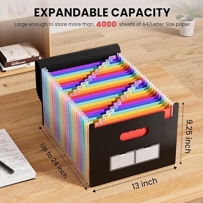 Sooez 24 Pockets Expanding File Folder with Blank Labels, According File Organizer with Expandable Cover, Desktop Accordion Folders Letter A4 Paper Document Storage Organizer, White