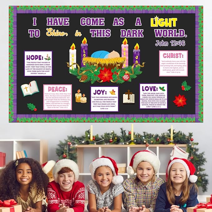 Christian Nativity Religious Christmas Bulletin Board Decorations Set Xmas Advent Wreath Candle Light of My Life Cutouts for Classroom School Home Chalkboard Wall Winter Holiday Party Decor Supplies