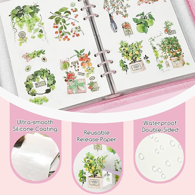5-in-1 Sticker Organizer Book Reusable A5 Storage Binder with 220 Pockets,10 Release Papers, Zipper Album Sticker Collecting Display Keeper (Pink)