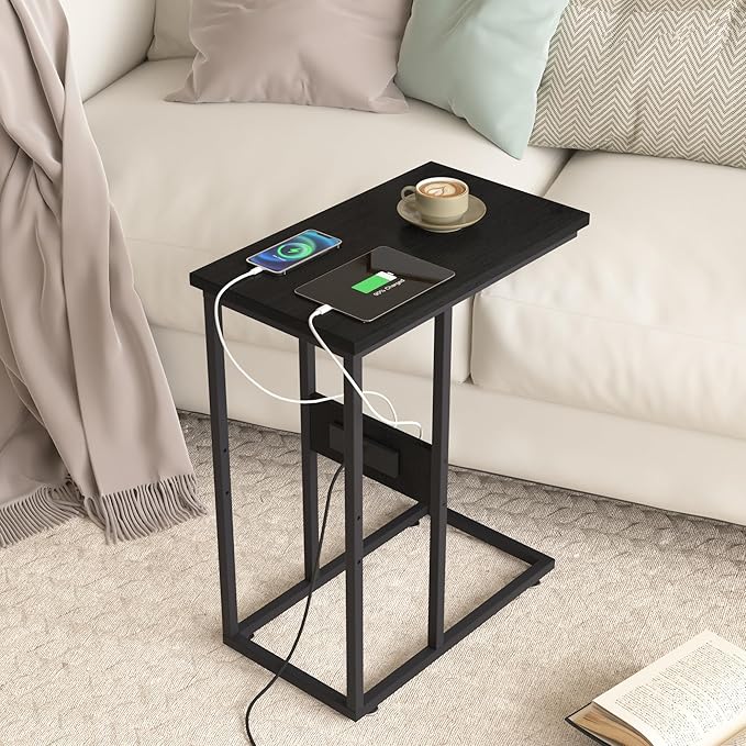 VECELO C Shaped End Table with Charging Station & Power Outlets, Quick Access Side Table for Sofa, C Bedside for Living Room Bedroom 1 Set,Black