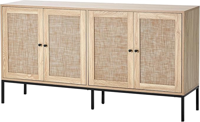 VEVOR Rattan Storage Cabinet with 4 Magnetic Doors and Adjustable Shelves, Sideboard Buffet for Hallway, Entryway, Living Room, or Kitchen, Natural