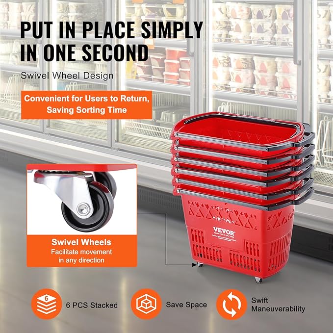 VEVOR 6 PCS Shopping Baskets, 39L Large Plastic Rolling Shopping Basket with Wheels, Shopping Carts with Handles, Portable Shopping Basket Set for Supermarkets, Grocery Shopping, Retail Stores, Red