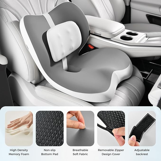 FLORICH 2 in1 Truck Seat Cushion and Lumbar Support Pillow Memory Foam Car Seat Cushion with Adjustable Strap for Truck Driver Long Drives, Fits Semi Truck Seat,Car,Office&Gaming Chair(Light Grey)