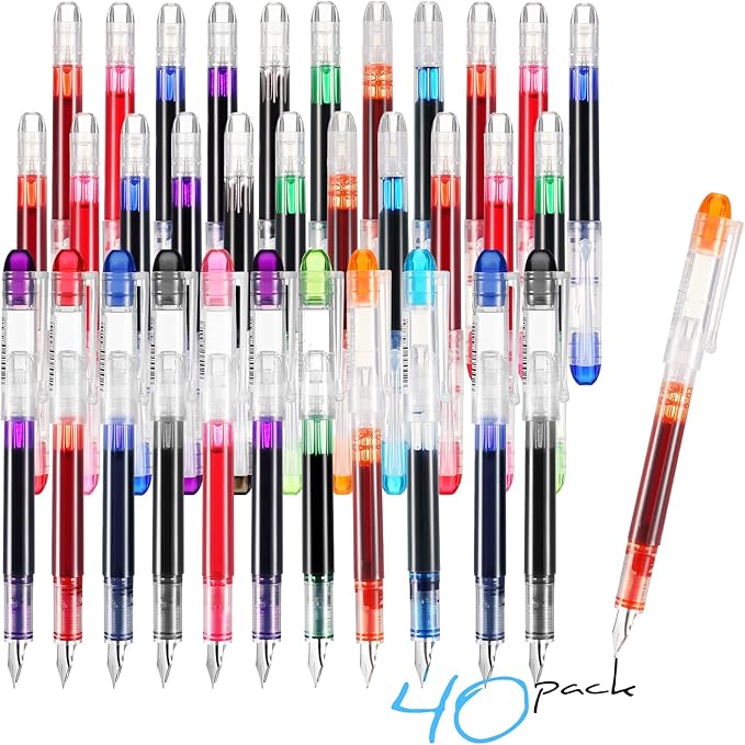 Laumoi 40 Pack Disposable Fountain Pens Set, Colored Ink Fountain Pens for Writing, Extra Fine Nib Classic Design Calligraphy Large Capacity for Journaling Office Supplies Sketching