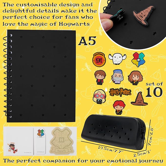 Harry Potter Gifts A5 Customizable Notebook and Zipped Pencil Case Kids Stationery Set with Character Chibi Pins Sticky Notes Hogwarts