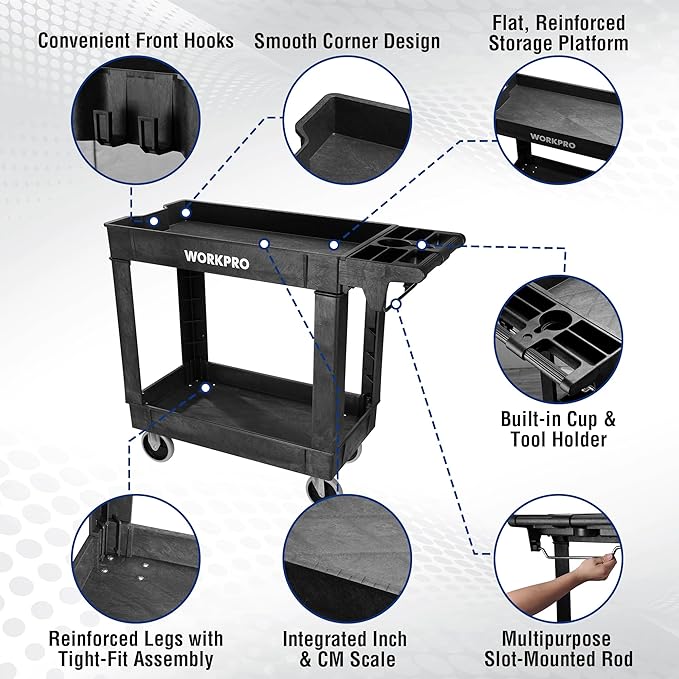 WORKPRO 2-Tier Utility Service Cart, 500 lbs Capacity Rolling Tool Cart with 360° Swivel Locking Casters, 39"x17"x33" PP Plastic Work Cart for Garage, Home, Warehouse