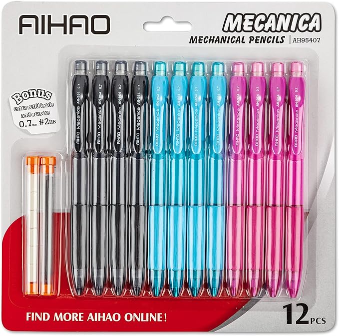 AIHAO Mechanical Pencil 0.9, Thick Point, HB lead pencils with refills and cap erasers, Comfort Grip, Assorted Barrel Colors, 12 Pack
