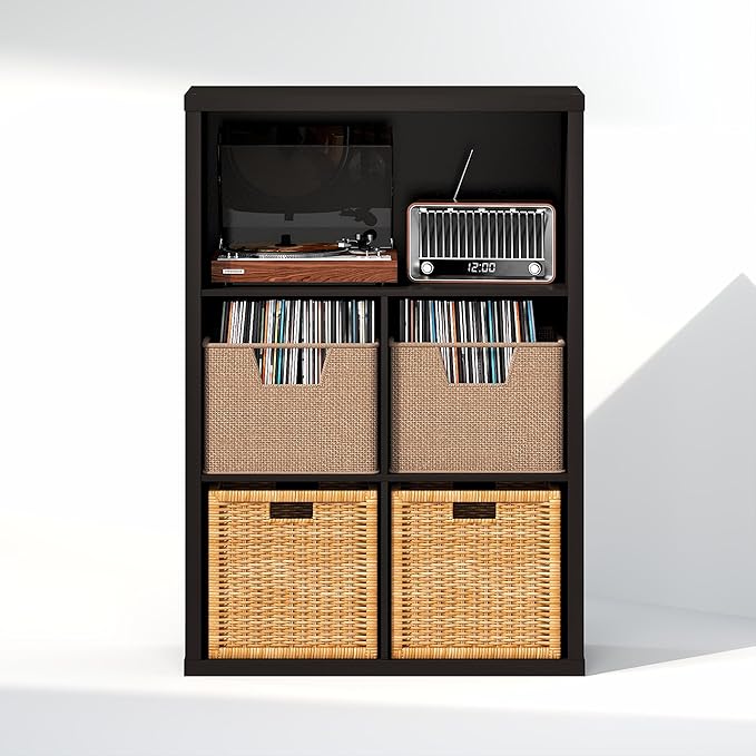 Furinno Cubicle Record Player Stand with Vinyl Storage, 5-Cube 1.2 Extra Thick Vinyl Record Storage, Open Back Media Shelf for CD DVD Blueray Game Disc, for Living Room, Home Office, Black Dark Oak