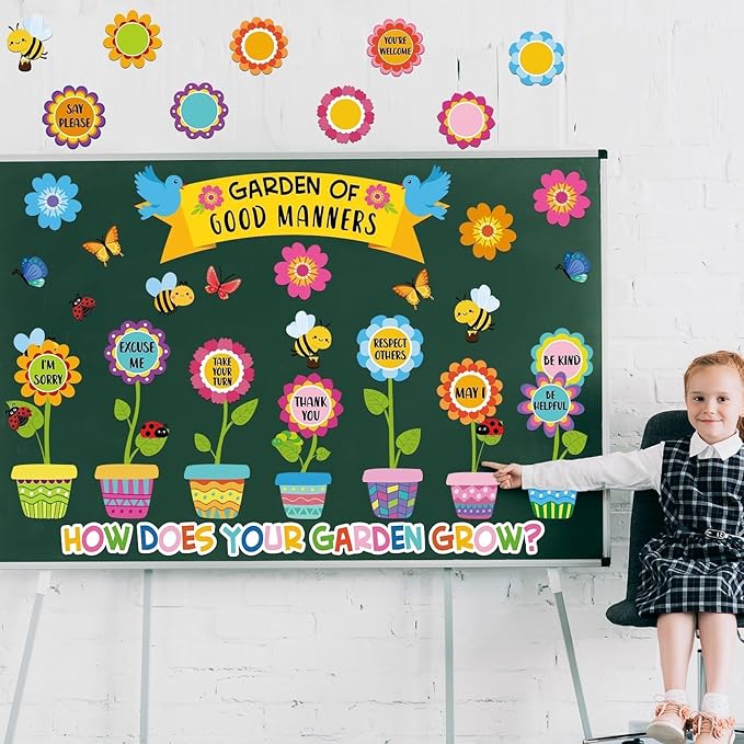 Large Spring Bulletin Board Flowers Decorations Classroom Garden of Good Manners Positive Bulletin Board Set Spring Butterfly Flowers Bee Cutouts Wall Decals for Teachers Classroom School Kids Decor