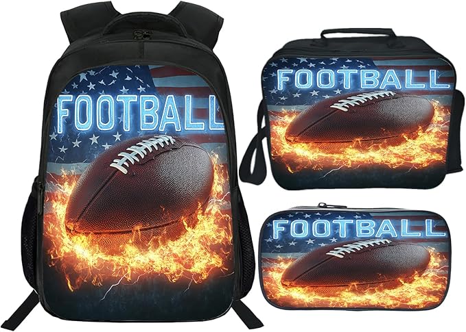 Football Backpack Set 3 Piece School Bags and Lunch Box with Pencil Case American Flag Football Bookbag Set for Toddler Kids Girls Boys Teens Kindergarten Elementary Middle