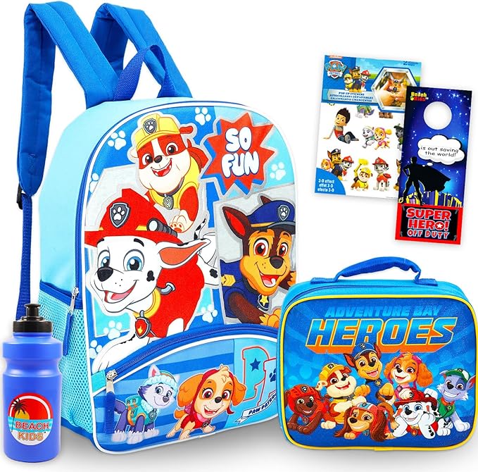 Paw Patrol Backpack and Lunch Bag Set - Bundle with 16" Backpack, Lunch Box, Stickers, Water Bottle, More | Paw Patrol School Bag for Boys, Girls, Kids