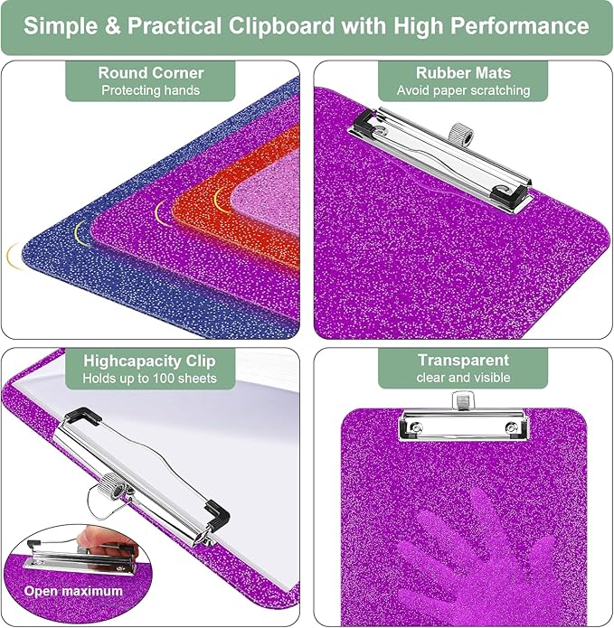 1 Pcs Clear Glitter Clipboards, Plastic Clipboard with Pen Holder,Size 8.85 x 12.4 in Shiny Clipboards with Low Profile Clip,Cute Hanging Clipboard for Office School Supplies Sparkly Clip board-Violet