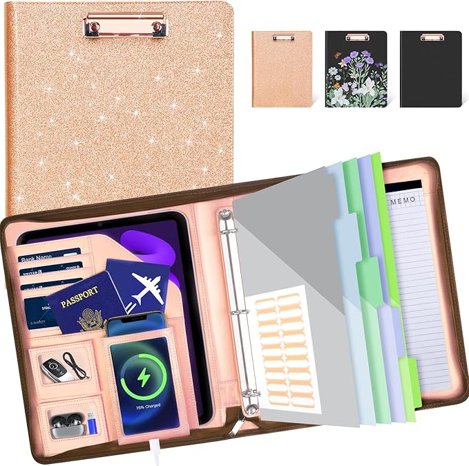 Leather Padfolio Portfolio with Clipboard Storage, Removable 3 Ring Binder 1 Inch Zipper Binder, Document Organizer for Women Men with Notepad, 5 Pocket Dividers, Pen Holder, Rose Gold