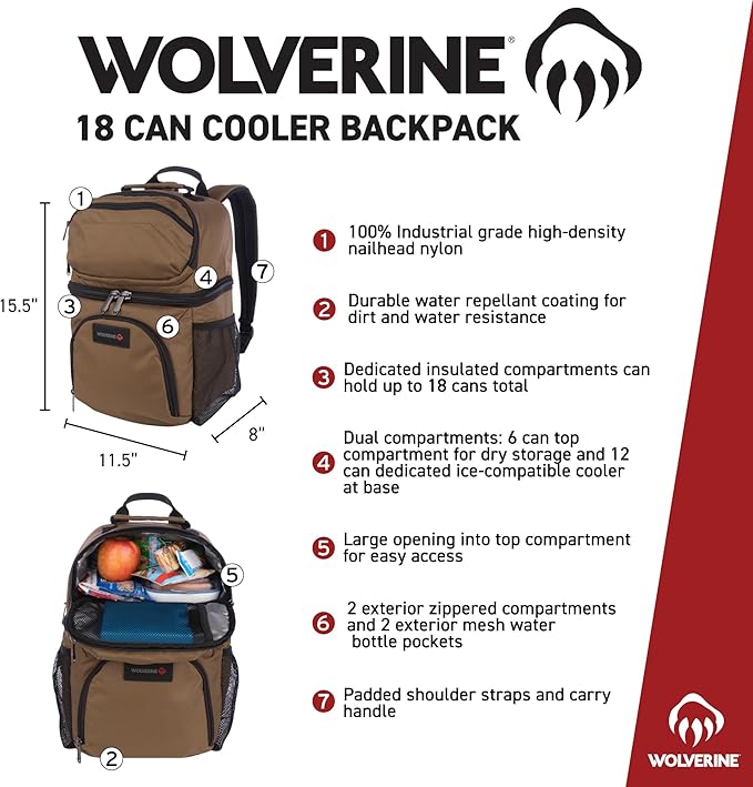 Wolverine 36 Can Cooler Backpack with Durable Nailhead Nylon, Dual Compartment Cooler & Dry Storage, Padded Mesh Back Panel, & Exterior Water Bottle Pockets
