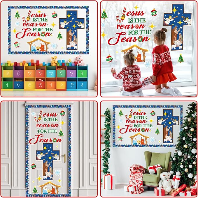 Christian Bulletin Board Decorations Jesus is The Reason for The Season Classroom Cutouts Christmas Nativity Religious Paper Decors for Xmas Holiday Sunday Church Chalkboard Wall Decor Supplies