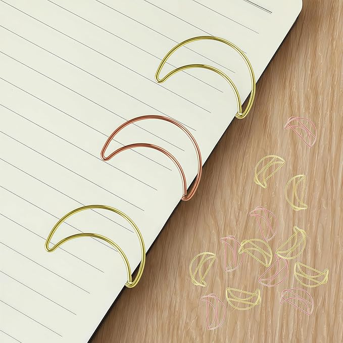 30 Pcs Moon Shaped Paper Clips Set in Gold & Rose Gold, Metal Cute Paperclips Bookmarks Planner for Office and School File Organization, Party and Wedding Decor
