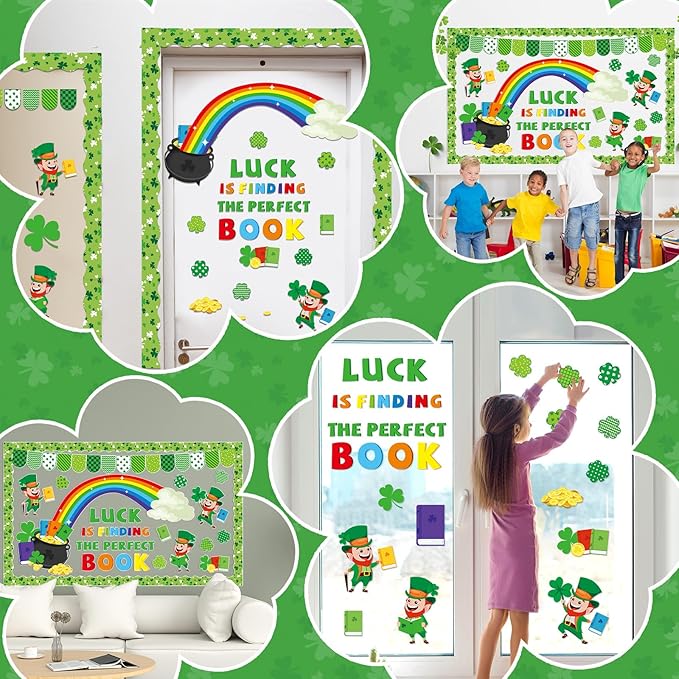 78Pcs St. Patrick's Day Reading Bulletin Board Decorations Spring Lucky Shamrock Paper Cutouts Bulletin Border Set Saint Patrick Day Green Clover Supplies for Irish School Chalkboard Wall Decorations