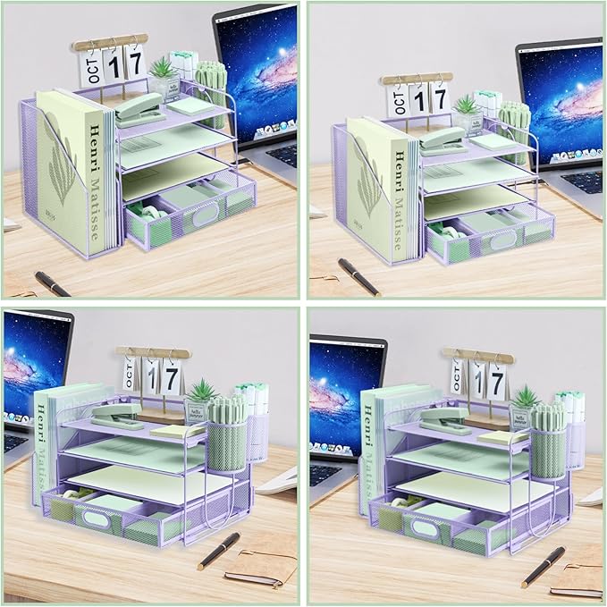 4 Tier Desk File Organiser with Extra Vertical File Sorter, Paper Letter Tray with Top Stationery Drawer Holder, A4 Paper Desktop Filing Trays, Magazine Document Holder for Home Office, Purple