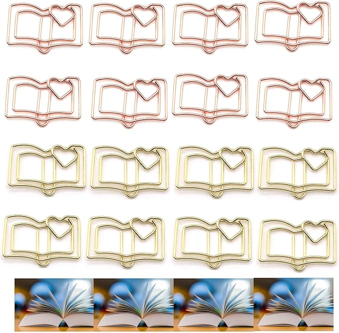 30 Pcs Metal Book-Shaped Paper Clips Set - Cute Gold & Rose Gold Paperclips for Document Organization, Bookmark, & Office Desk Decor
