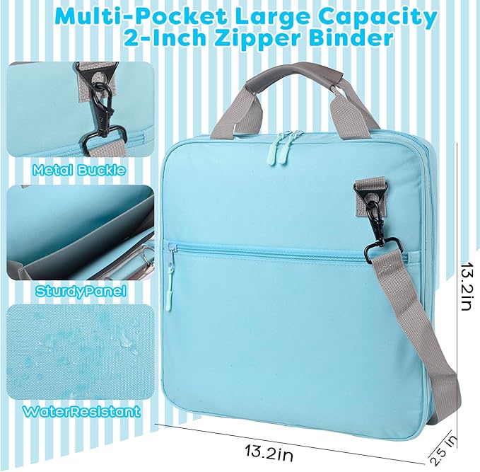 ChezMax Zipper Binder 3 Ring with Lunch Box - Zipper Binder Organizer Bag with Shoulder Strap & Handle, 2 Inch O Ring Binder, Large 500 Sheet Capacity & Multi-Pocket Binder Bag Organizer, Blue