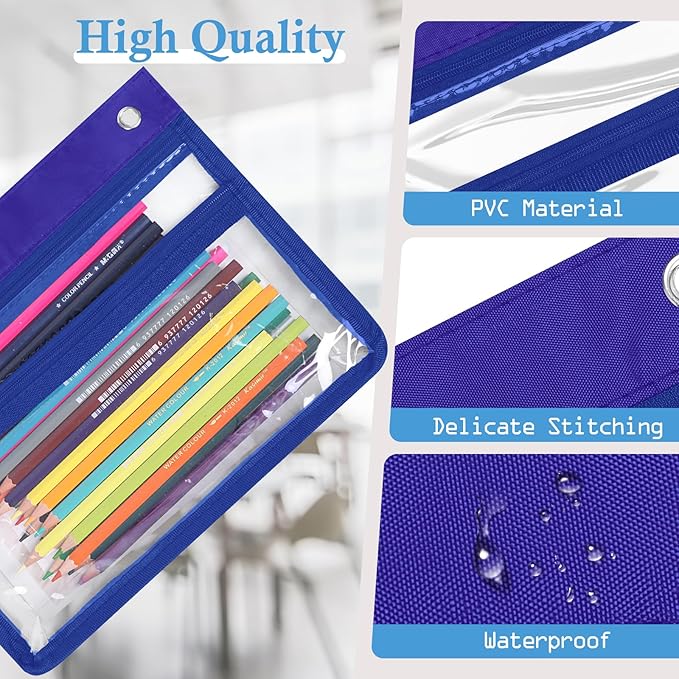 YoeeJob 6 Pack Zipper Pencil Pouches for 3 Ring Binder, 1.5 Inch Expandable with 2 Pockets and Clear Window for School and Office （Blue）