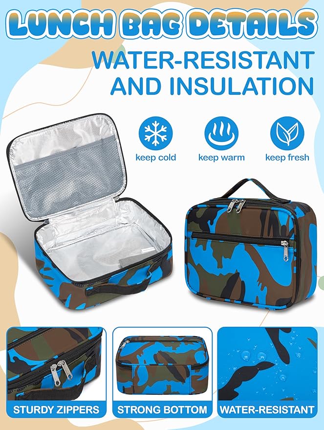 BLUEFAIRY Kids Backpack with Lunch Box for Girls Boys Elementary Primary Middle School Bag with Lunch Bag Set 17 Inch Bookbag Mochilas Escolares para Niñas Niños (Camo, Sky Blue)