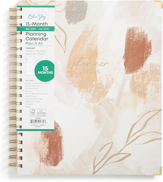 Blue Sky 15 Month Weekly and Monthly Academic Year Planner Calendar, April - June, Hard Cover, Wirebound, Laminated Tabs, Storage Pocket, Includes Snap-in Ruler w/Sticky Notes & Sticker Sheet (Henri- 2025/2026, 8.5" x 11")