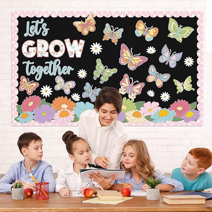 Spring Bulletin Board Decorations Set Spring Butterfly Bulletin Board Let’s Grow Together Paper Cutouts Colorful Floral Classroom Decor for School Offices Home Nursery Chalkboard Wall Supplies