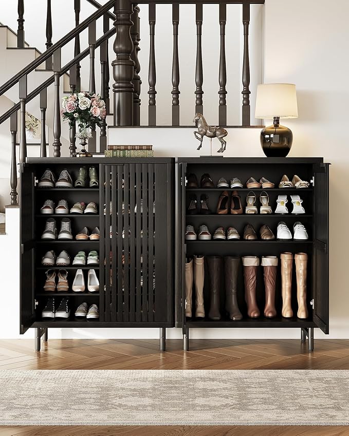 LITTLE TREE 6-Tier Shoe Cabinet with Doors for Up to 24 Pairs, Large Wooden Shoe Storage Cabinet with Adjustable Shelves, Black Freestanding Shoe Organizer Cabinet for Entryway, Hallway