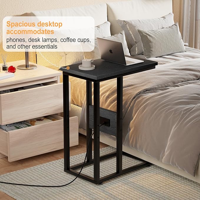 VECELO C Shaped End Table with Charging Station & Power Outlets, Quick Access Side Table for Sofa, C Bedside for Living Room Bedroom 1 Set,Black