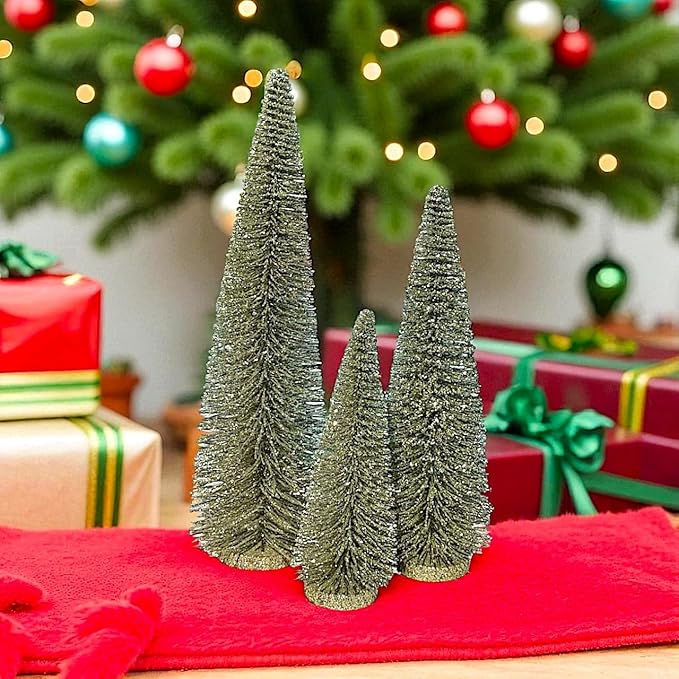 RAZ Imports Set of 3 Bottle Brush Trees – 17”, 14”, 9” Modern Christmas Holiday Winter Décor – Glittery Tabletop Mini Trees for Home Office Shelf Desk Mantel Fireplace Decoration (Champagne Green)